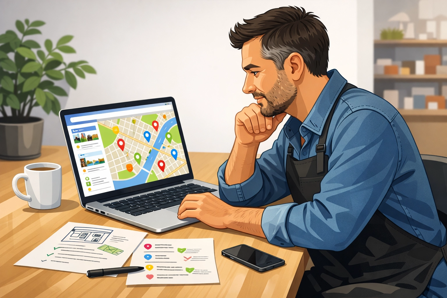 Cartoon landscape: local business owner reviewing a conceptual Google Maps-style interface on a laptop.