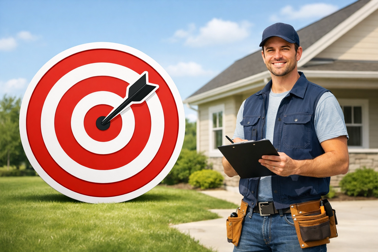 A contractor standing by a target bullseye representing precision Google Ads targeting for lead generation.
