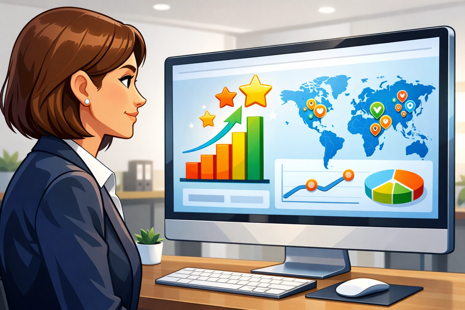 Business owner observing a computer dashboard displaying data trends, growth charts, and a world map with location markers, symbolizing AI-driven search insights for local businesses.