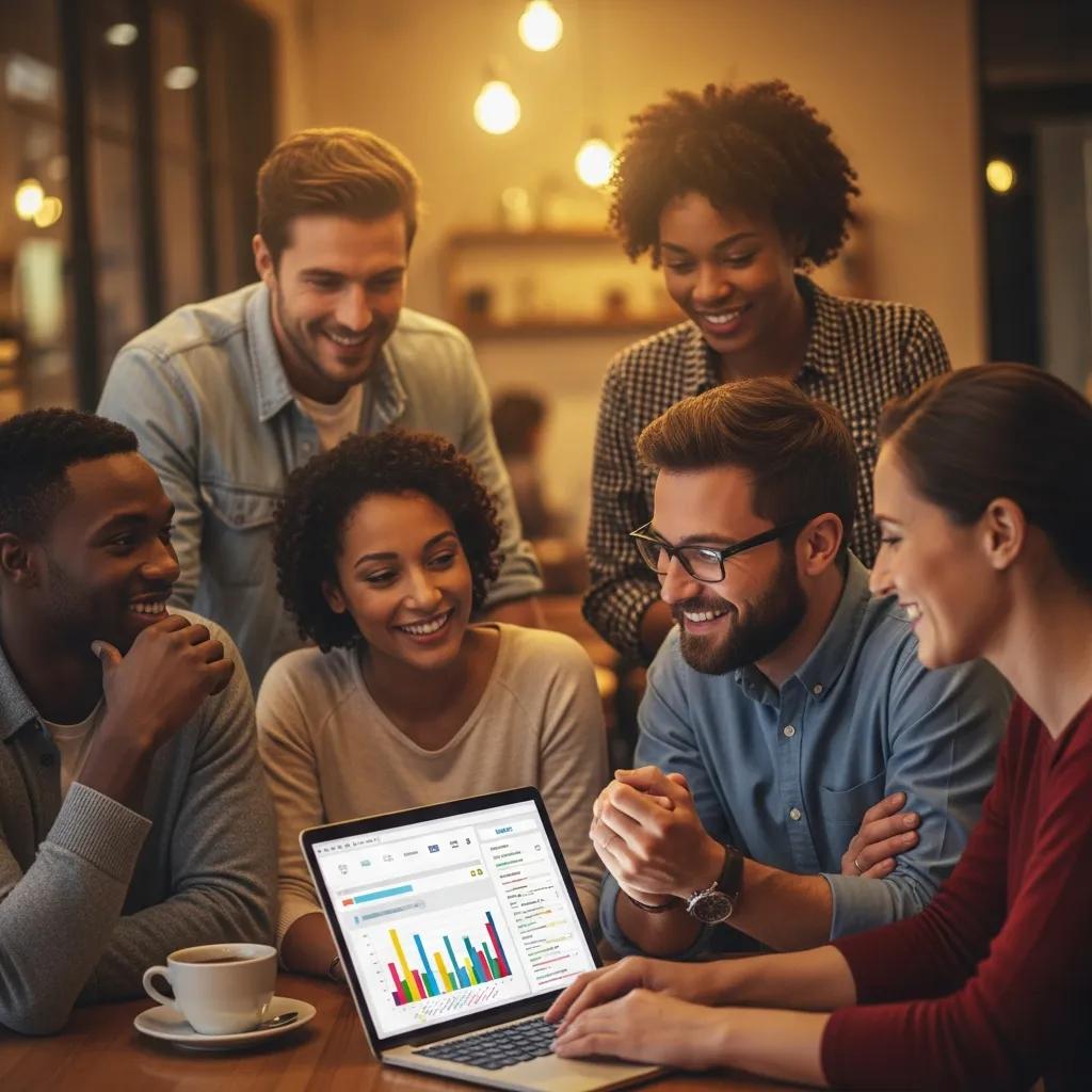 Group of small business owners discussing local SEO strategies in a coffee shop