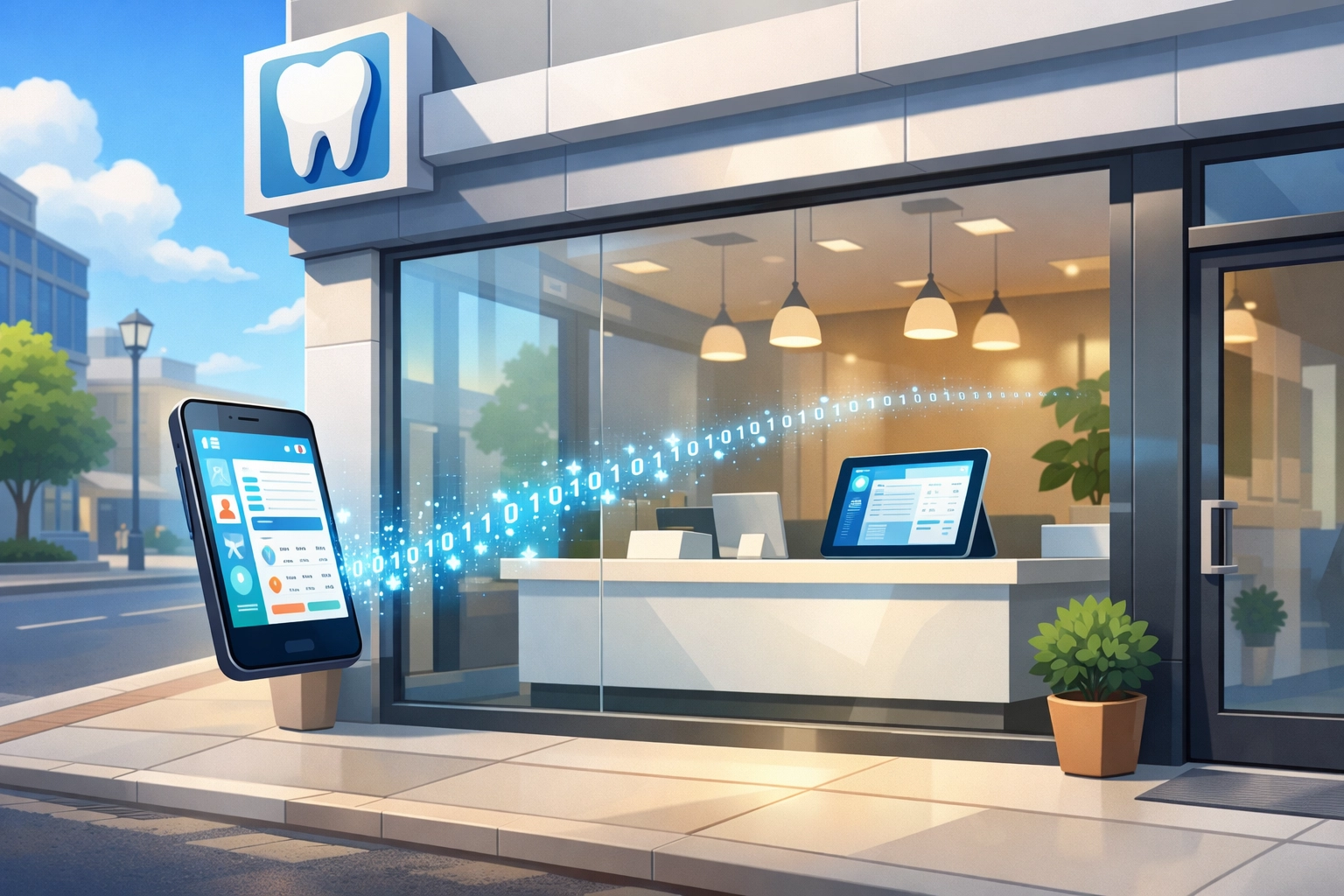 A smartphone synchronizing with a modern clinic system for agentic AI appointment booking.