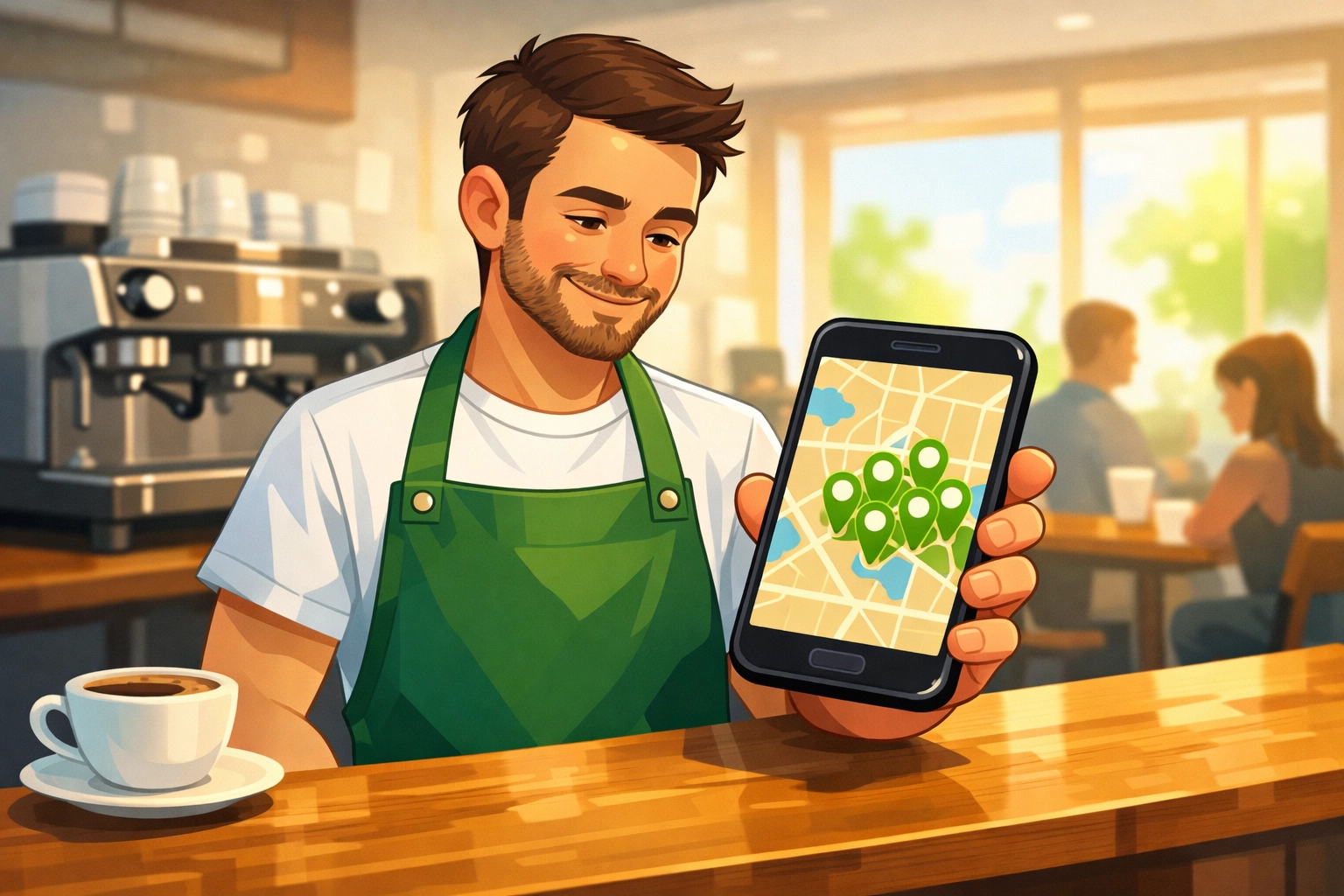 Coffee shop owner checking local reach on a smartphone map for small business digital marketing.
