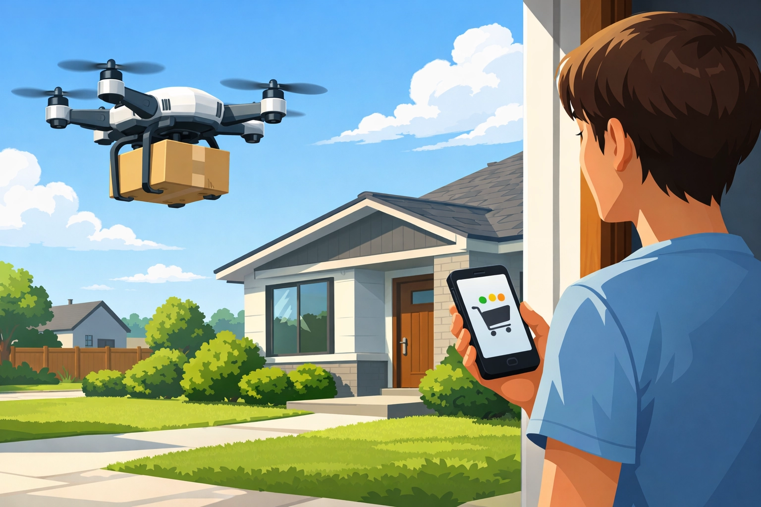 Predictive AI delivery drone arriving at a customer's home based on shopping intent.