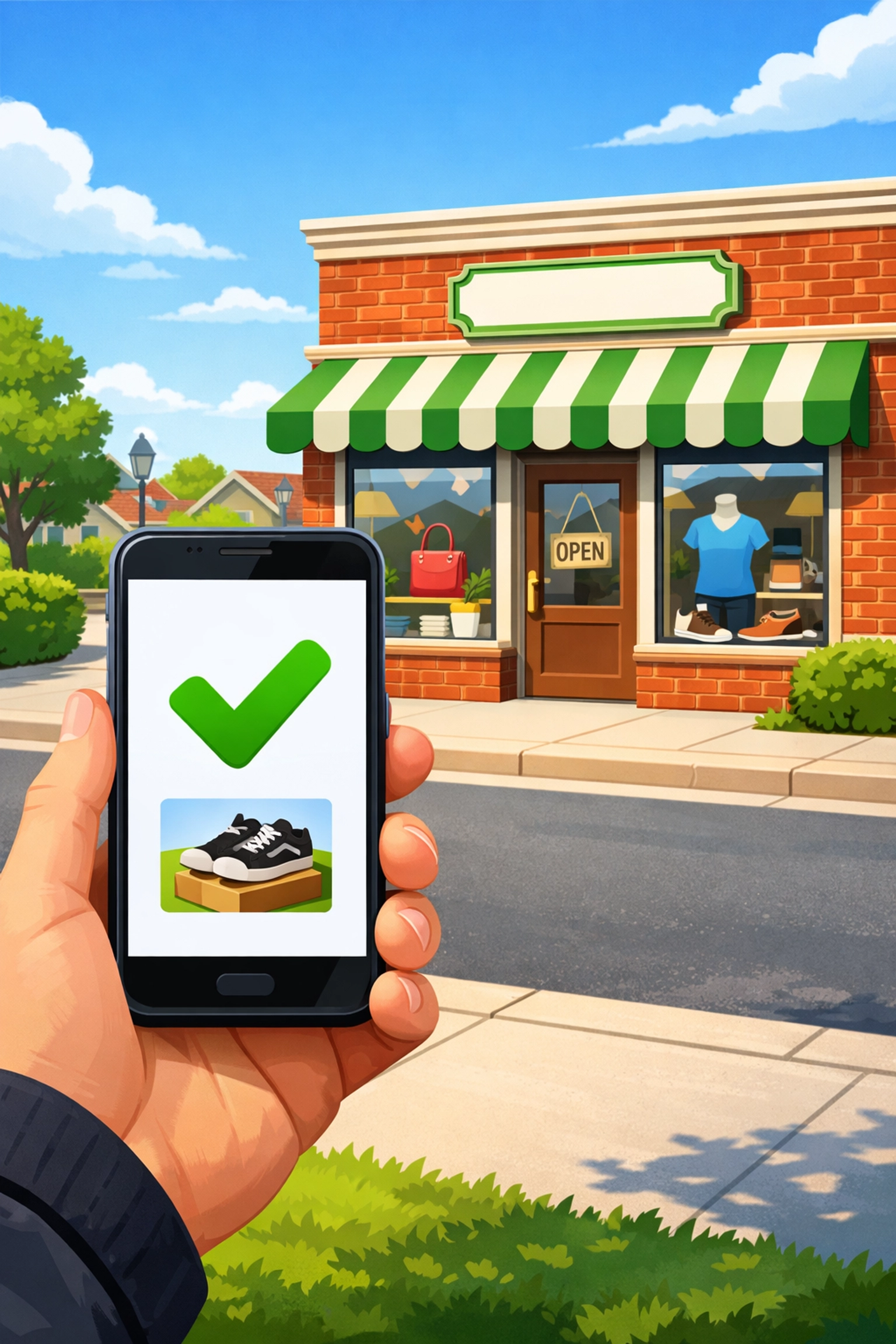 Customer checking local inventory visibility on a smartphone in front of a retail storefront.