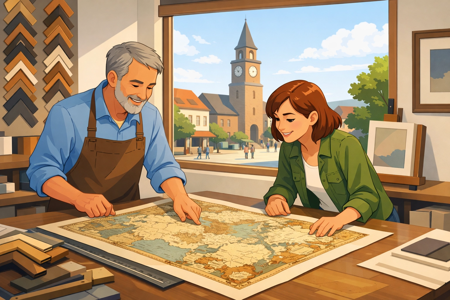 Landscape cartoon showing a custom frame shop owner helping a customer with a large map, with a recognizable local clock tower visible through the window
