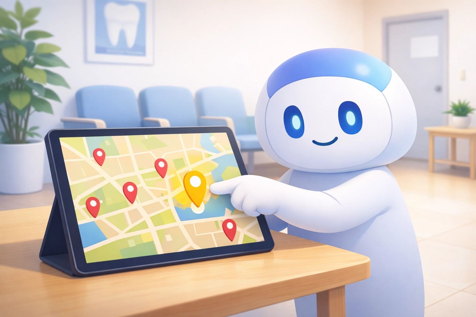 AI assistant identifying a local dental clinic on a digital map to illustrate agentic search discovery.