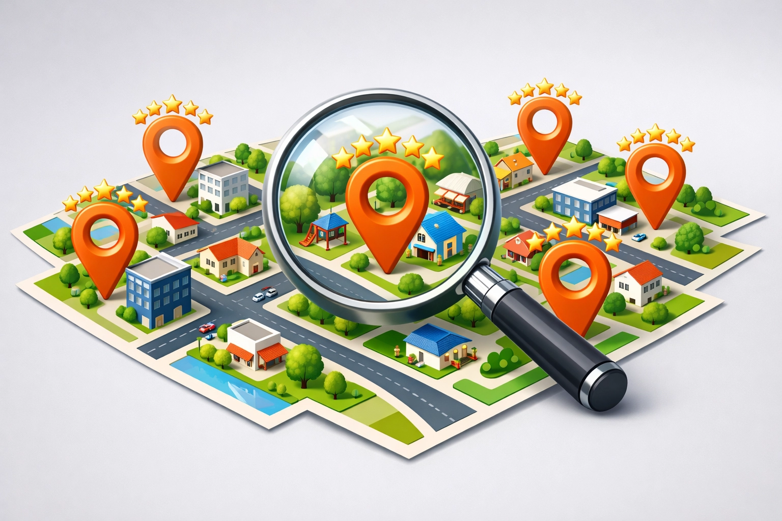 Magnifying glass over a city map showing high-rated local business listings and Google Maps SEO markers.