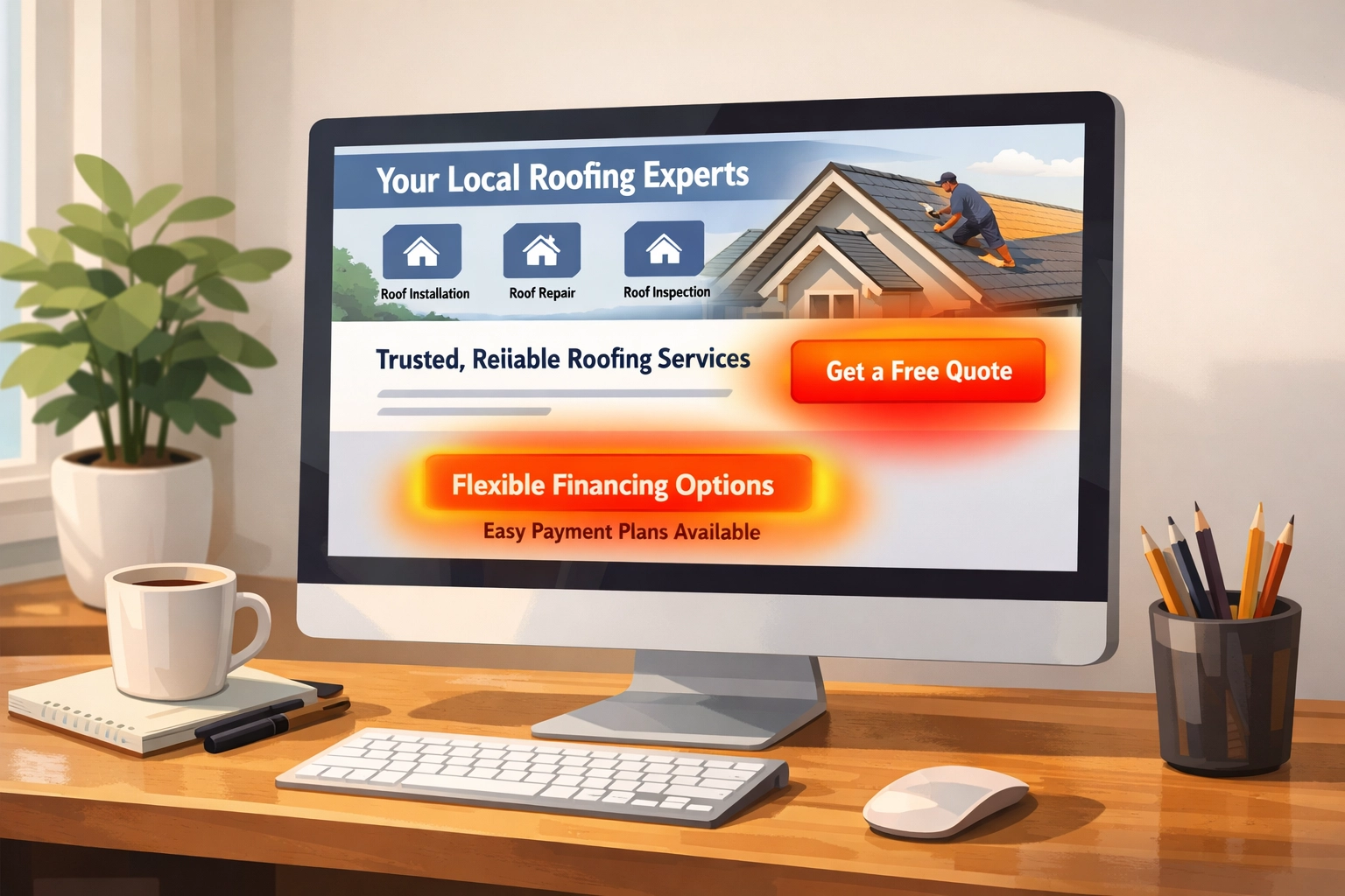 Computer screen displaying a roofing service website layout with highlighted buttons for "Get a Free Quote" and "Flexible Financing Options," featuring a background image of a worker inspecting a roof, emphasizing user engagement elements relevant to lead generation.