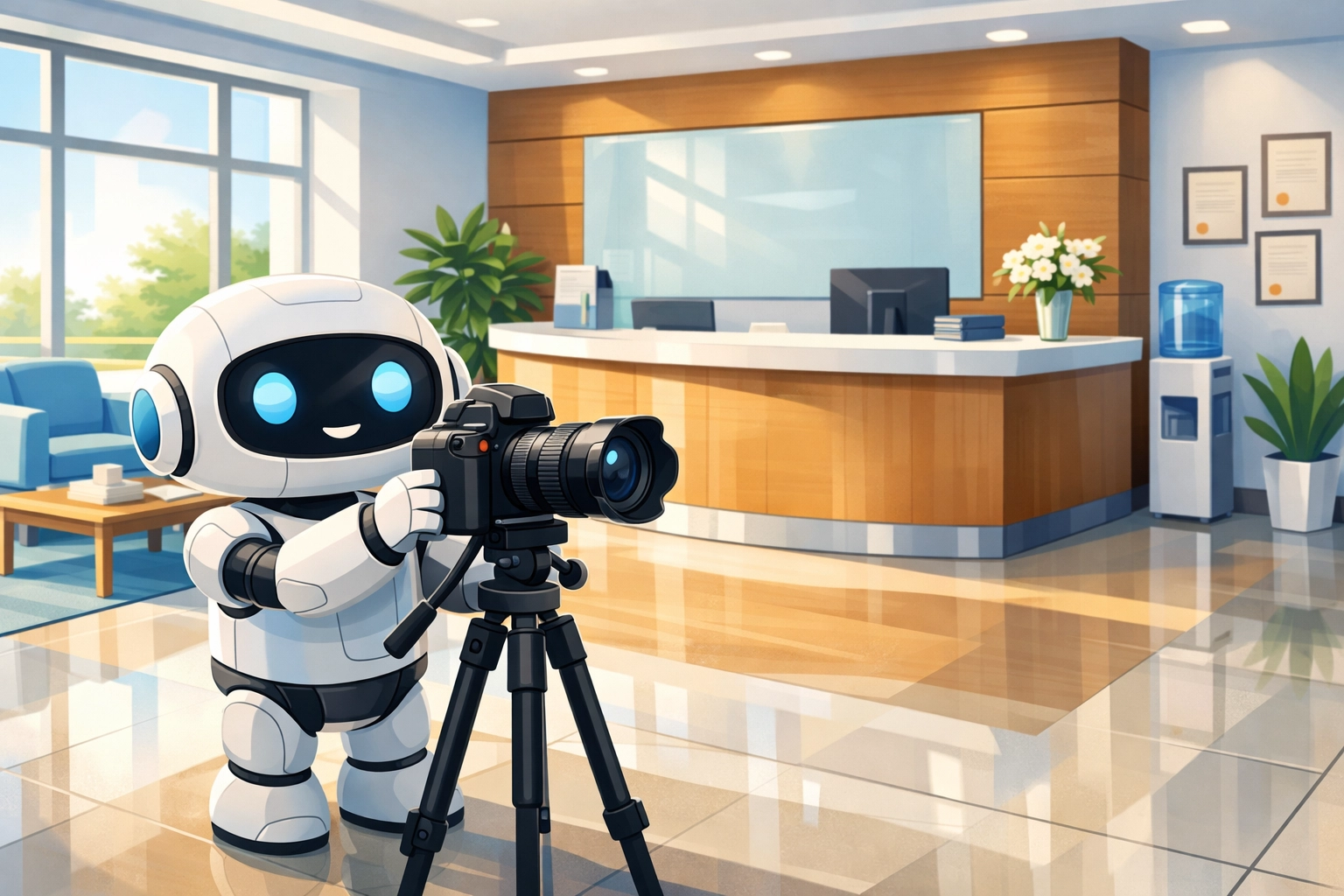 Cartoon-style robot photographing a professional office interior with bright colors, featuring a reception desk, plants, and a welcoming atmosphere.