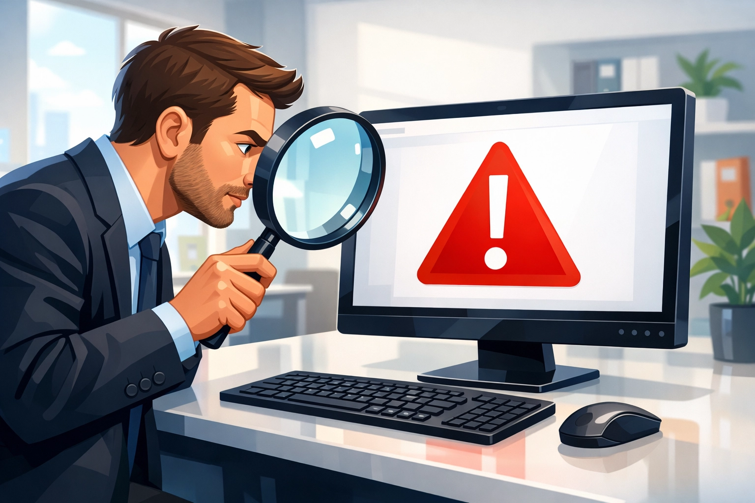 A cartoon detective inspecting a magnifying glass over a computer screen with a generic suspension alert (no readable text), cartoon-style modern clean realism, landscape orientation