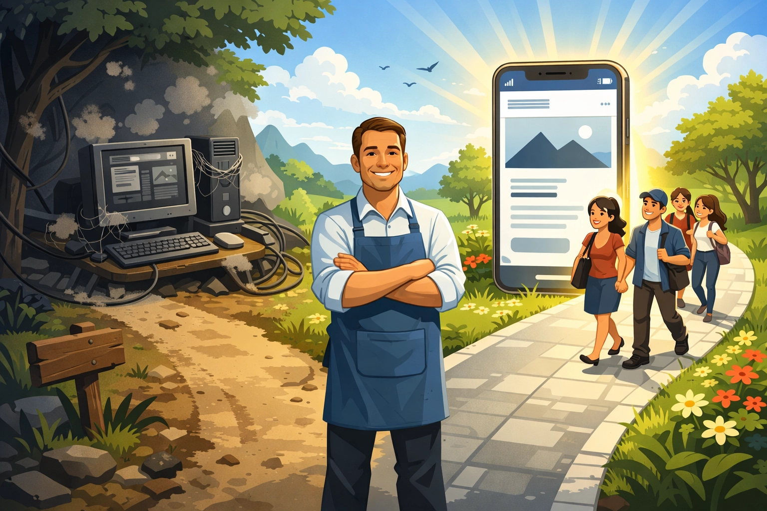 Local business owner at a crossroads between an old website and a modern mobile-responsive design.