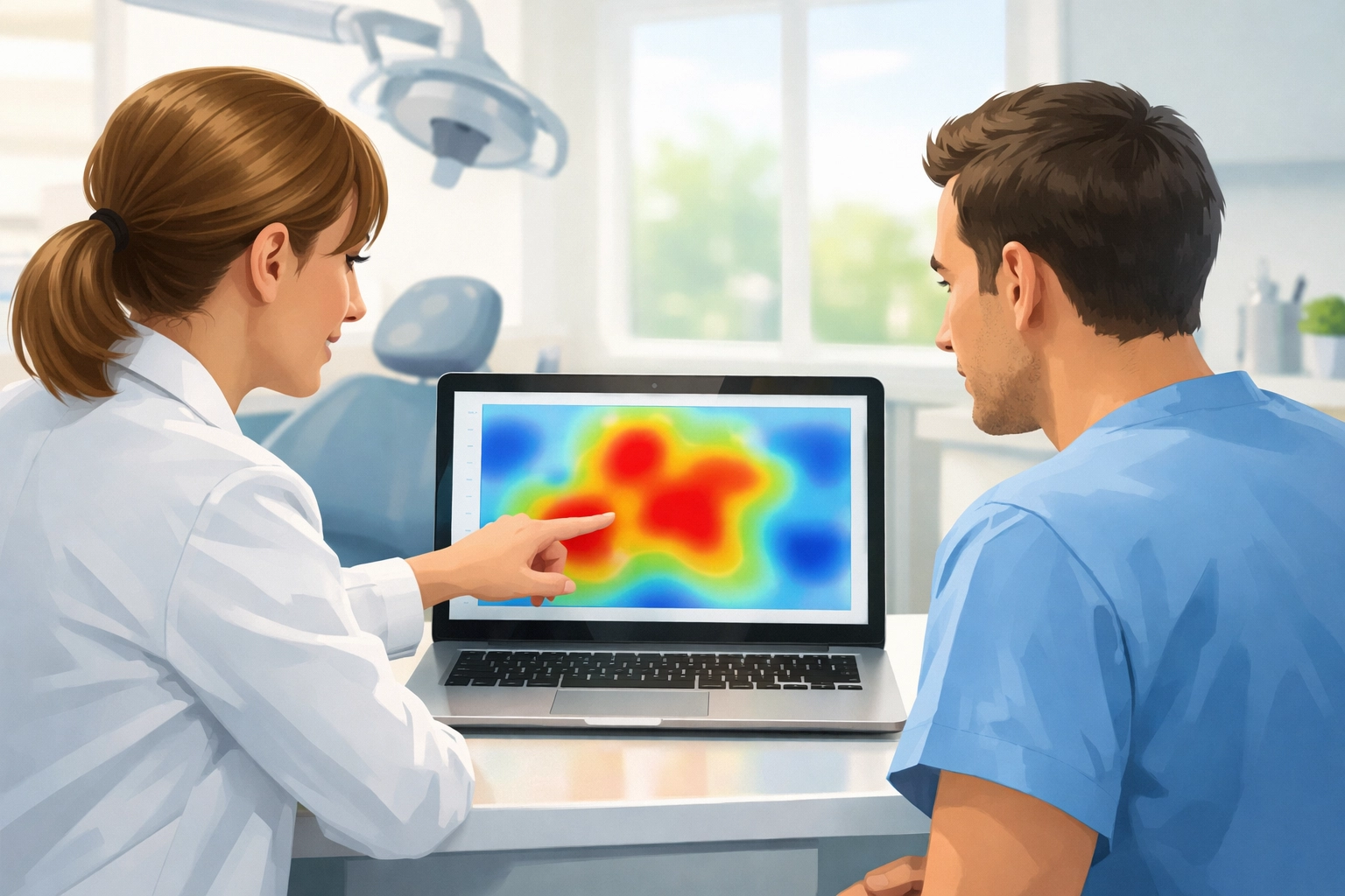 Woman in a lab coat pointing at a laptop screen displaying a colorful heatmap, with a man in a blue shirt observing, in a dental clinic setting.
