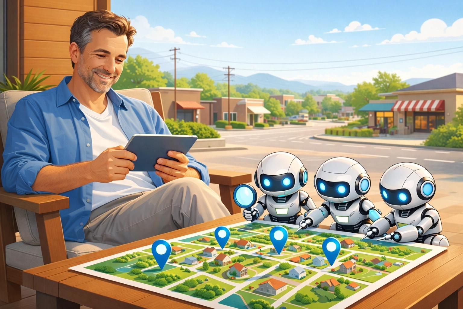 Local business owner using a tablet with friendly helper robots analyzing a neighborhood map, highlighting customer locations for AI-driven advertising strategies.