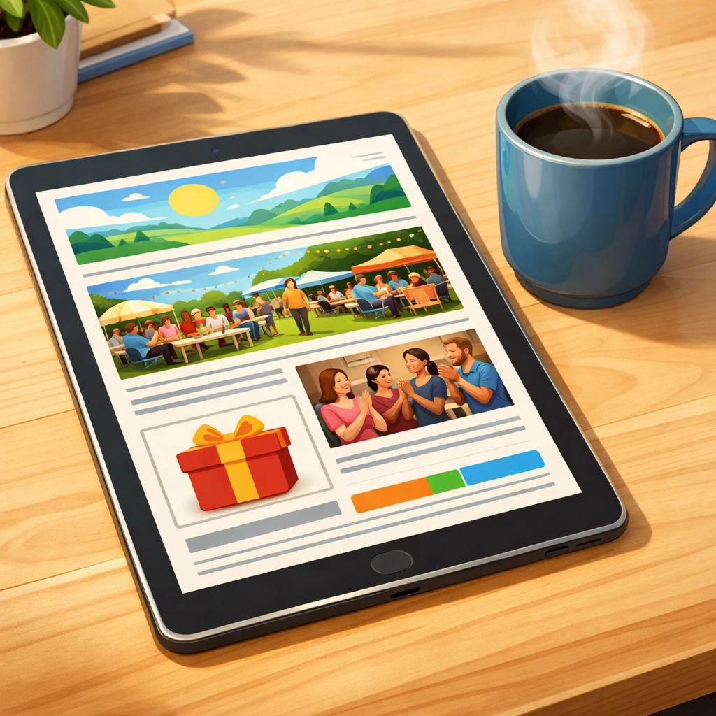 Digital tablet displaying a local email marketing newsletter with exclusive in-store discounts.