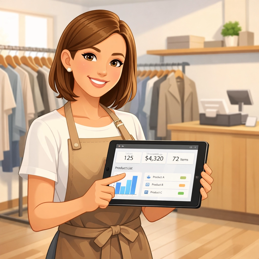 Small business owner using an e-commerce dashboard to manage inventory for local retail.
