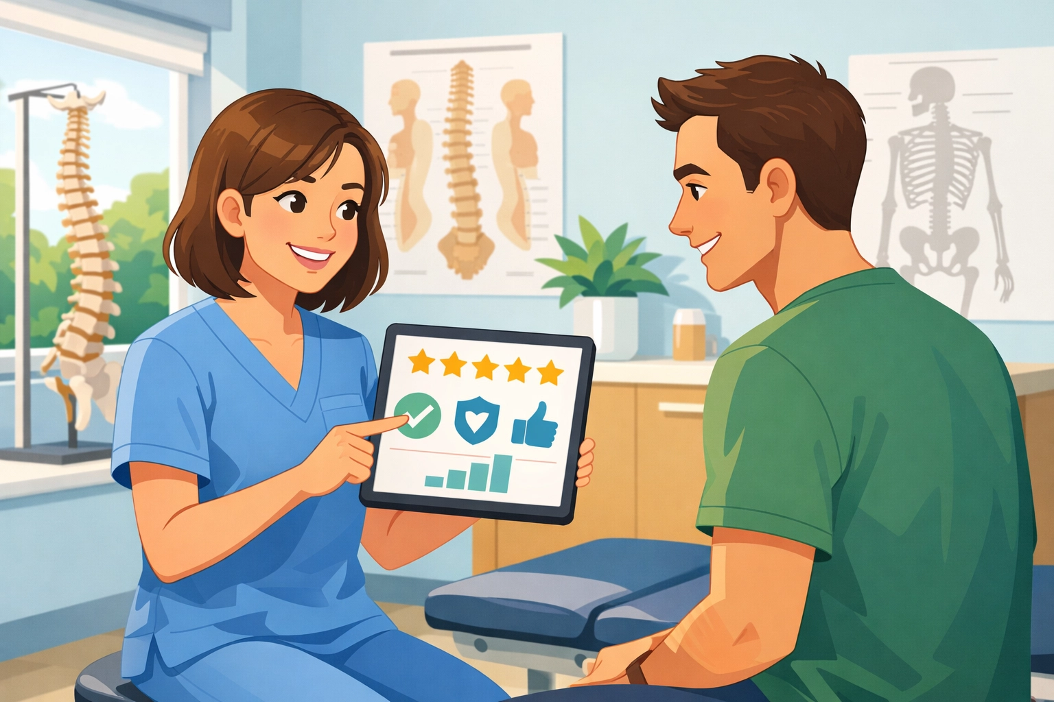 Chiropractor showing a patient positive reviews and trust data on a tablet in a modern clinic.