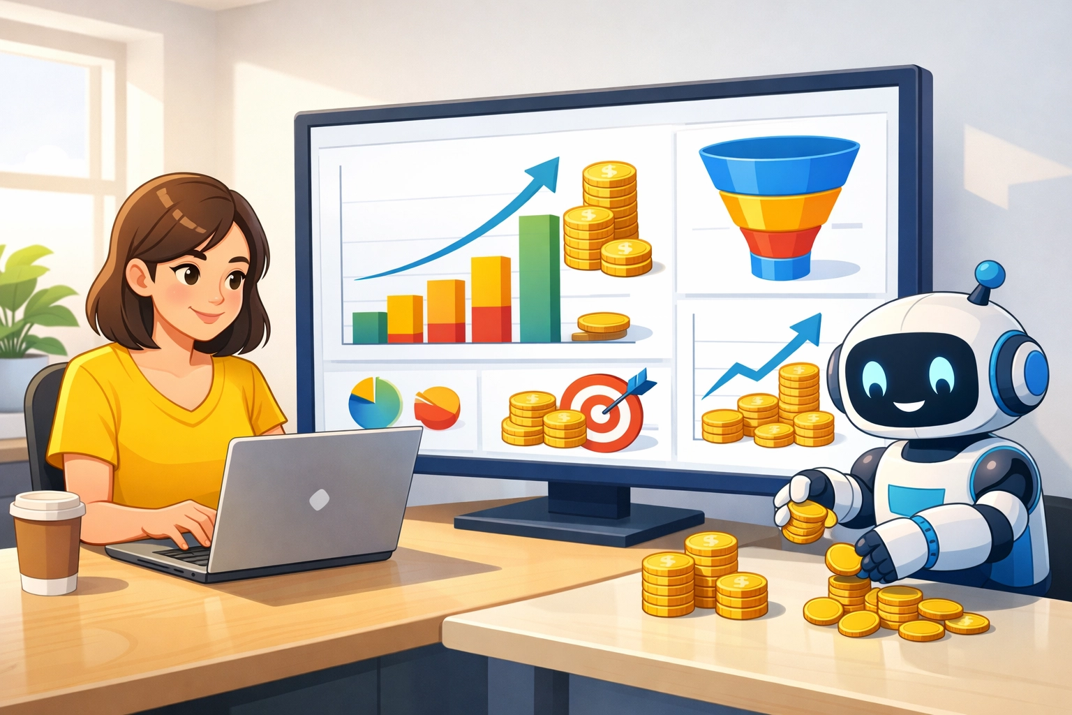 E-commerce owner using a predictive AI dashboard to optimize ROI and ad spend.