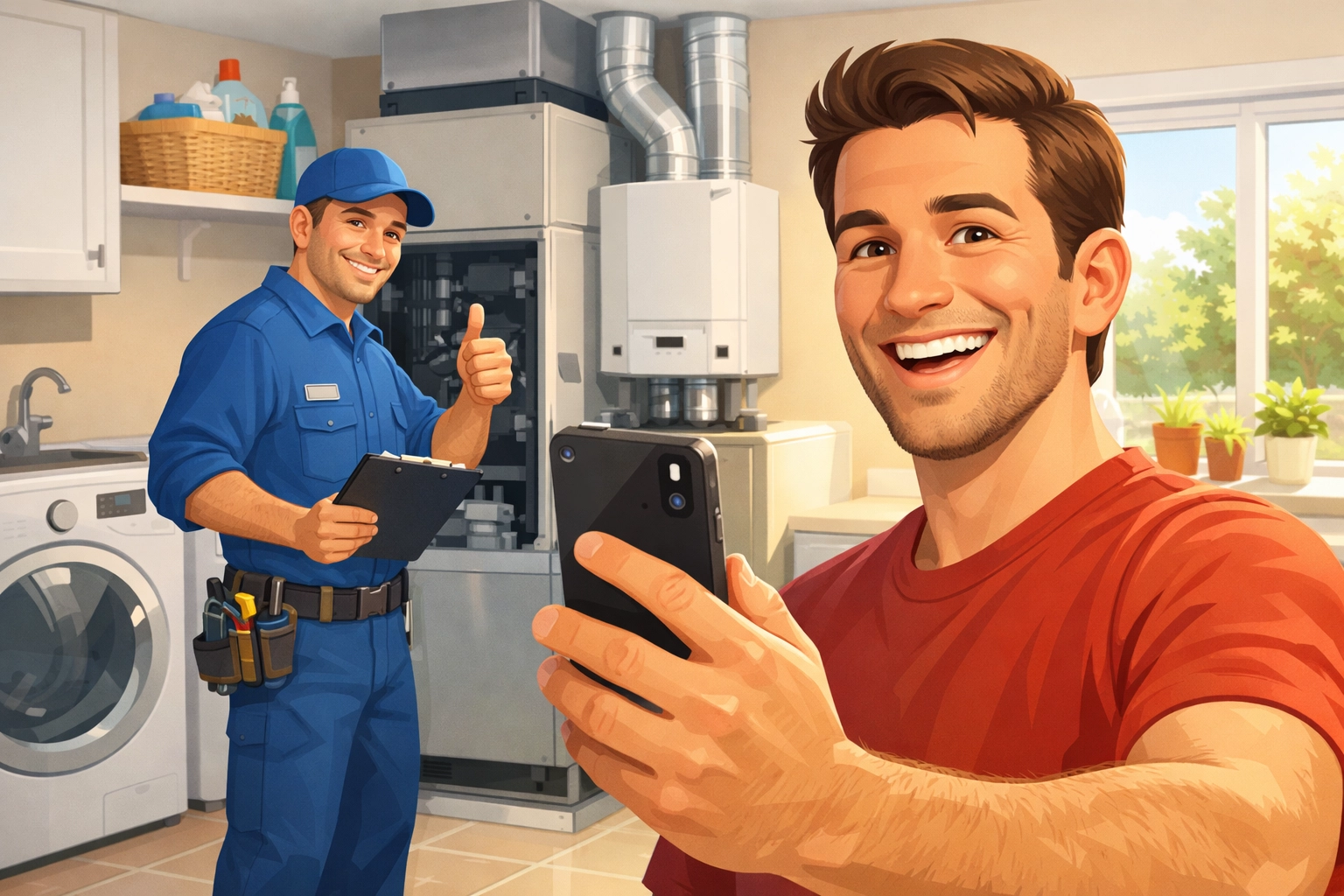 Local homeowner recording an HVAC technician during a home service visit to build community trust.