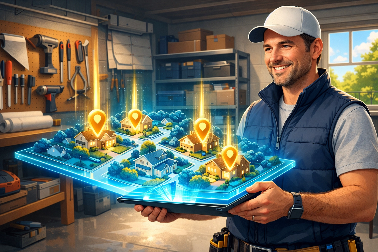 Contractor holding a glowing 3D map displaying houses with location markers, illustrating lead intelligence and local search optimization for businesses.