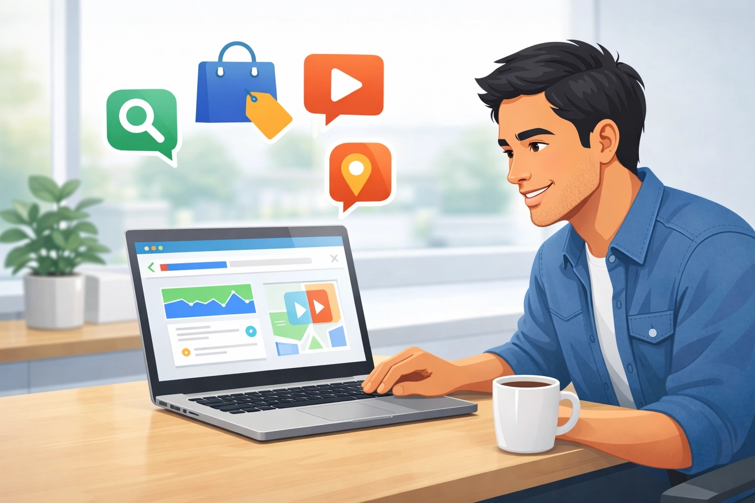 Man using a laptop to explore digital advertising strategies, with icons representing search, shopping, video, and location services above him, in a modern office setting.