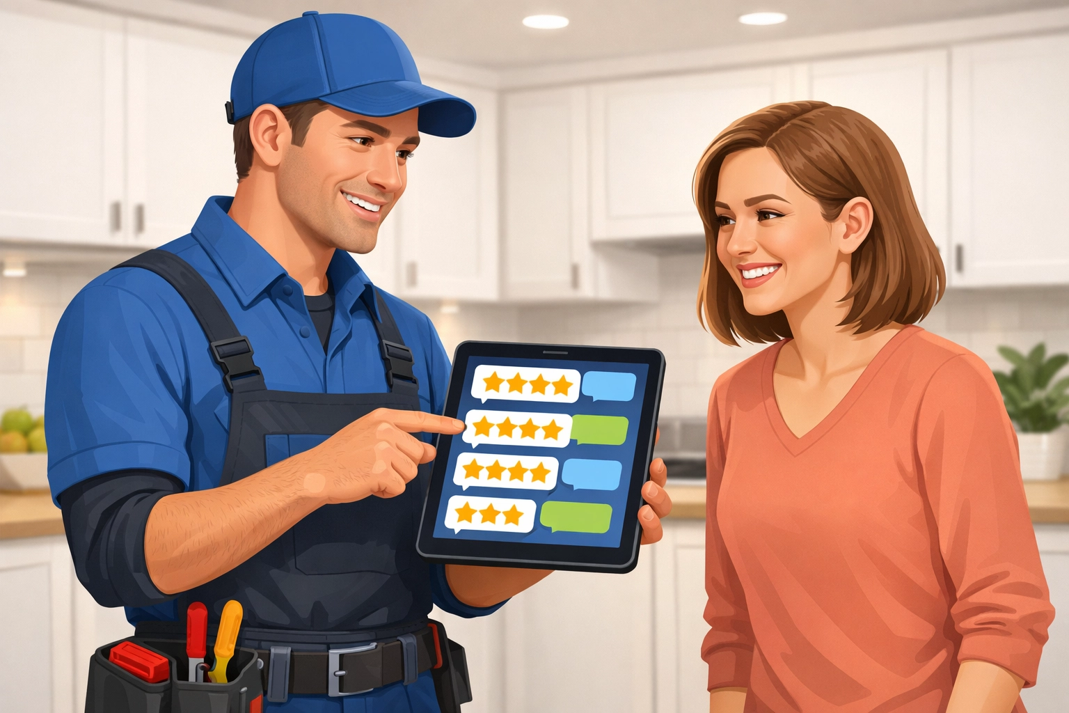 Contractor showing digital tablet with glowing text reviews and 5-star ratings to a happy homeowner in a modern kitchen setting, emphasizing customer feedback in local SEO strategies.