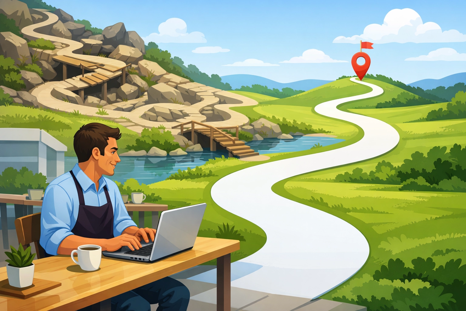 Man working on a laptop outdoors, surrounded by a serene landscape with a winding path and a location marker, symbolizing user-friendly design and calm UX principles.