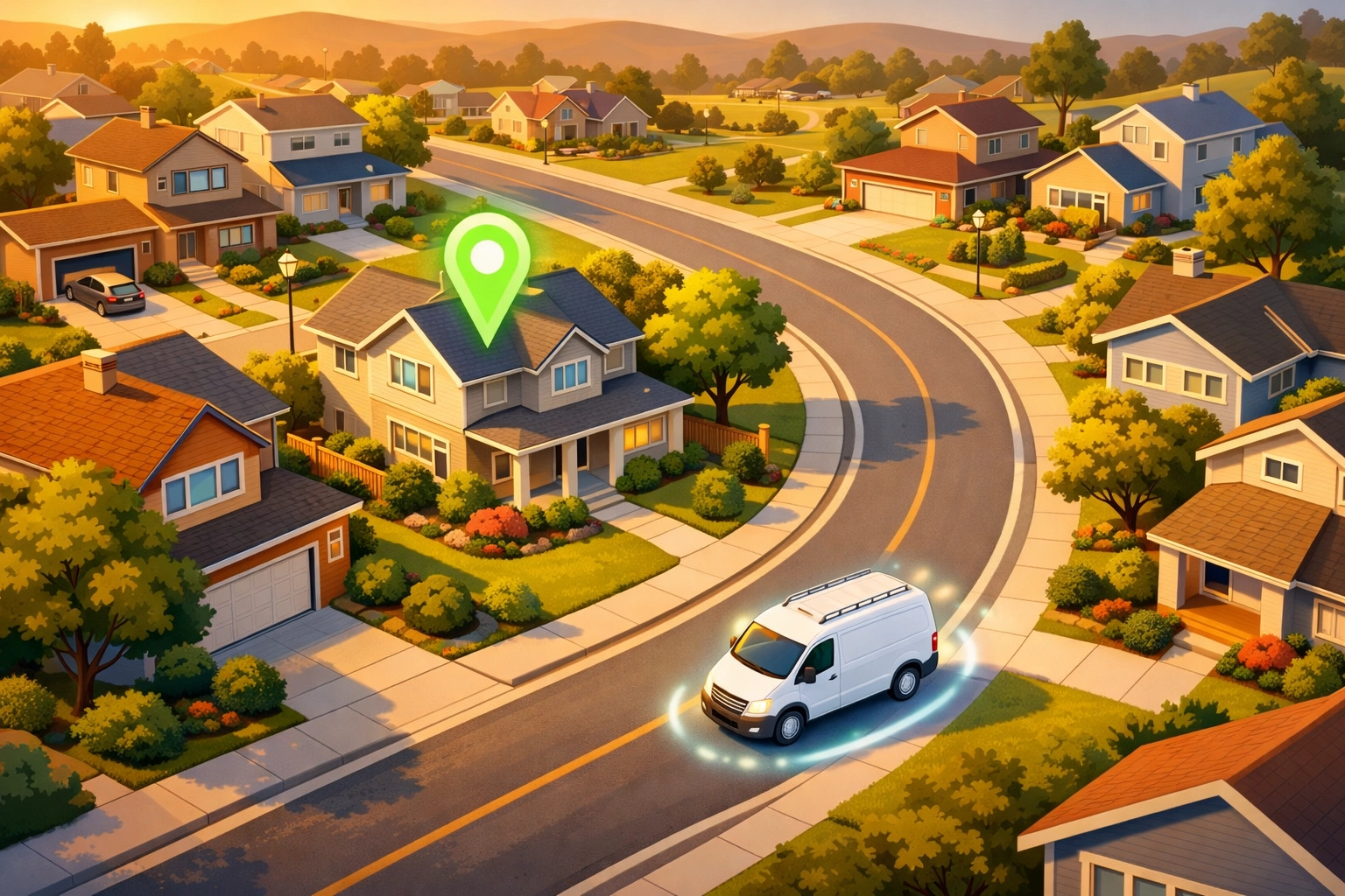 Colorful cartoon neighborhood scene featuring houses, a highlighted “service needed” icon on one house, and a plumbing van with a green “ready now” checkmark, illustrating local search and agentic ads in digital maps.
