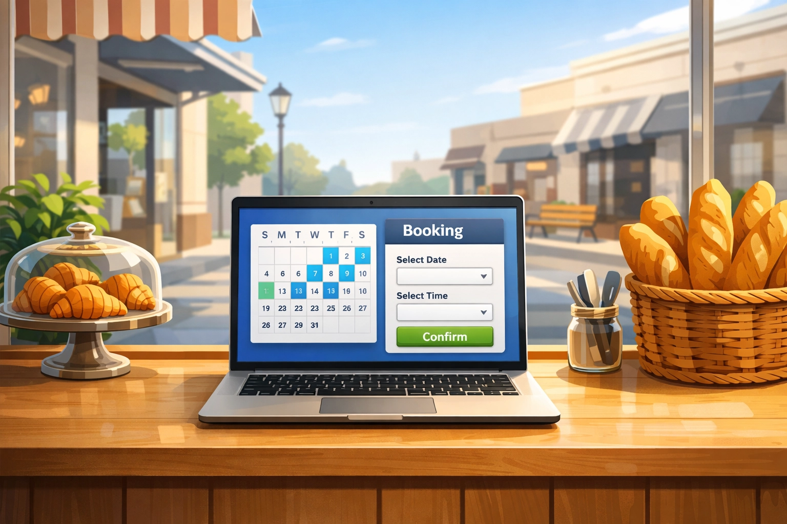 Laptop displaying a booking interface with a calendar and time selection, set on a wooden table beside a glass display of pastries and a basket of bread, in a café environment emphasizing user-friendly design for local businesses.