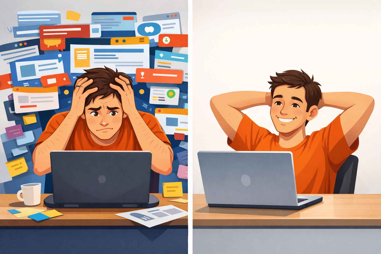 Frustrated man overwhelmed by cluttered digital interface on the left, relaxed man enjoying a minimalist workspace on the right, illustrating the impact of cognitive load on user experience in web design.