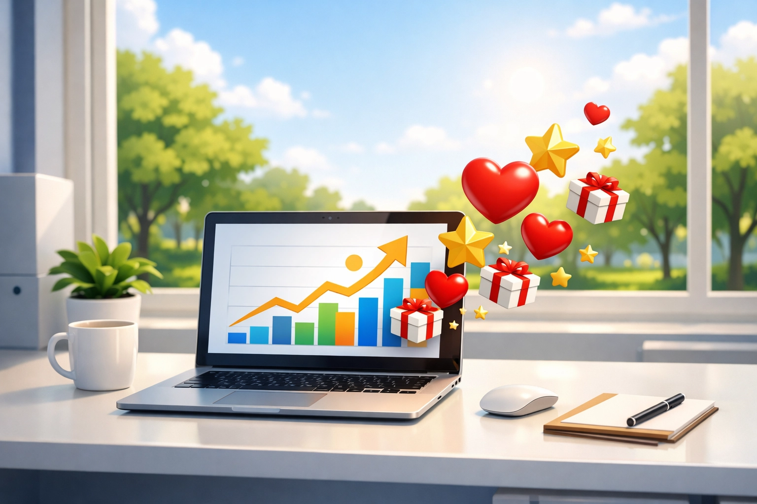 Laptop displaying a growth chart with upward trend, surrounded by icons of hearts, gifts, and stars, symbolizing positive customer engagement and data-driven marketing strategies for local businesses.