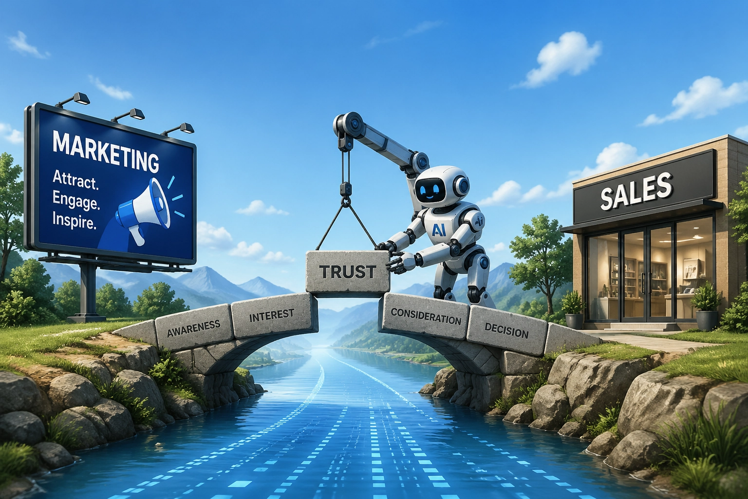 Bridge connecting online ads to local storefront revenue, illustrating causal inference and marketing ROI.