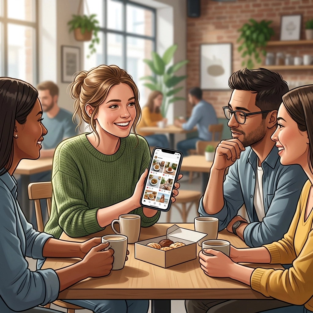 Group of friends discussing micro-influencer marketing while viewing food images on a smartphone in a cozy café setting.