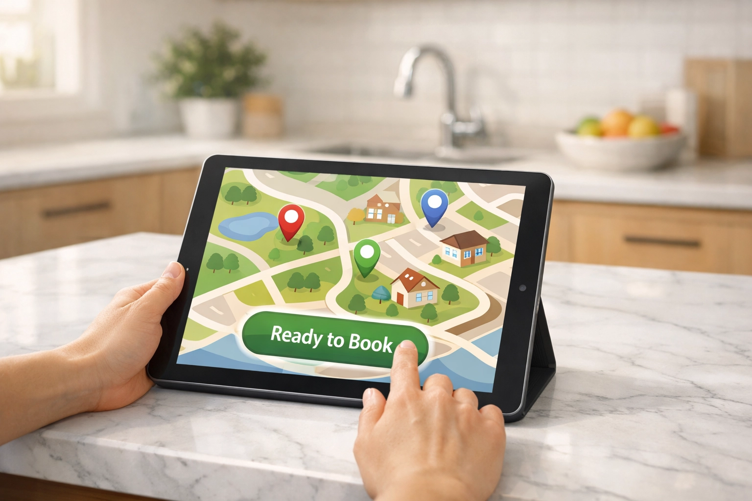 Hand interacting with a tablet displaying a colorful map with location markers and a "Ready to Book" button, symbolizing local SEO services and AI-driven booking capabilities.