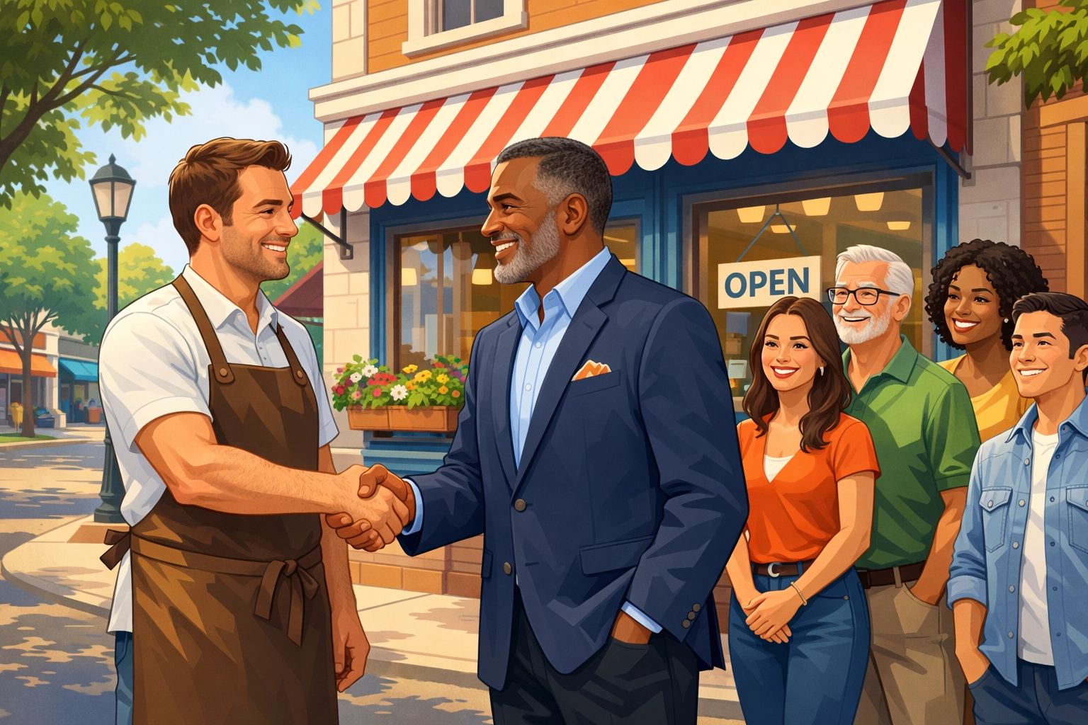 Local business owner shaking hands with community leader in front of an open store, surrounded by engaged neighbors, illustrating micro-influencer impact on local marketing.
