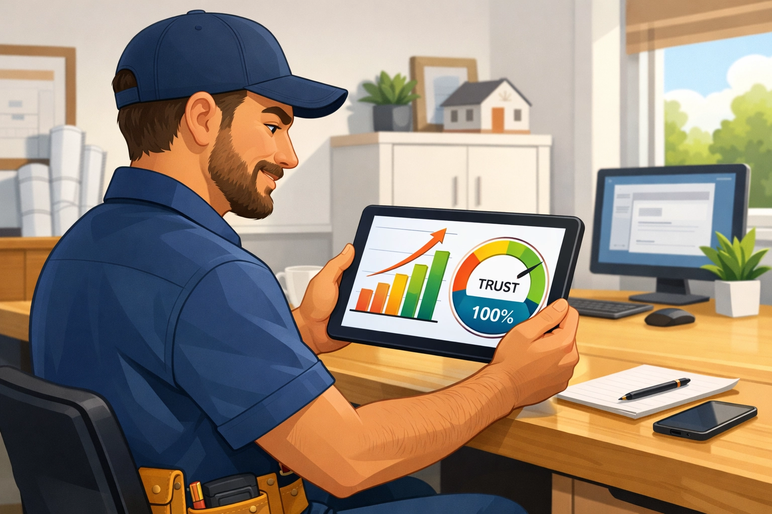 Business owner analyzing tablet displaying "Trust Meter" and upward trend graph, emphasizing community trust and local leads in micro-influencer marketing.