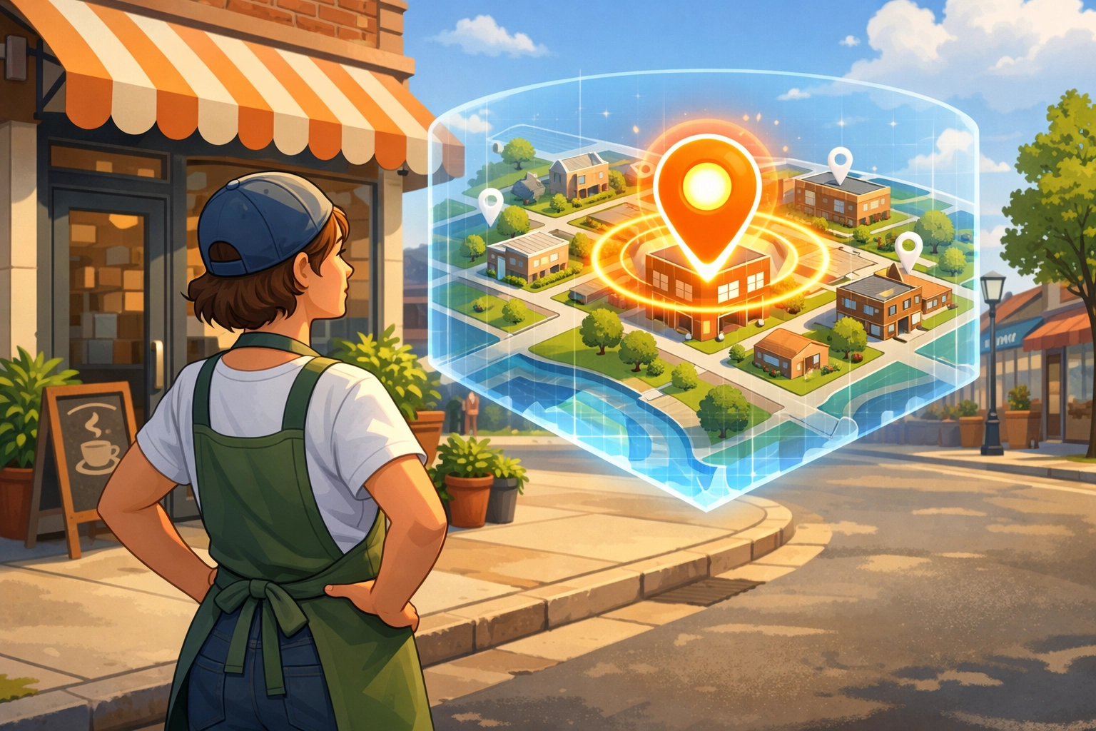 Local business owner viewing a holographic map highlighting their top-ranked search entity.