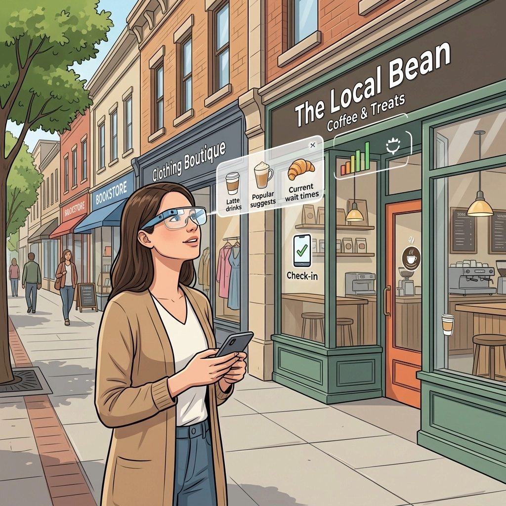 Woman using augmented reality glasses in a street setting, viewing digital overlays with information about "The Local Bean" café, including drink suggestions and wait times, highlighting the integration of spatial computing in local business interactions.