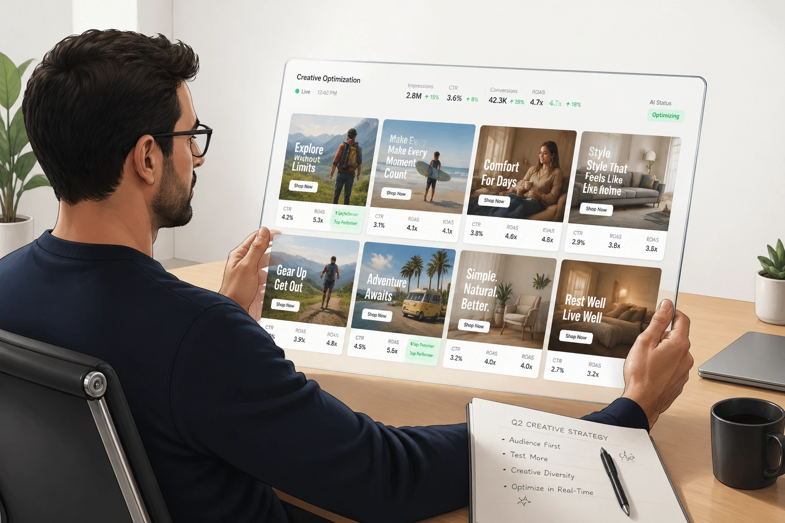 Marketing professional reviewing dynamic creative optimization results on a tablet for personalized digital ads.