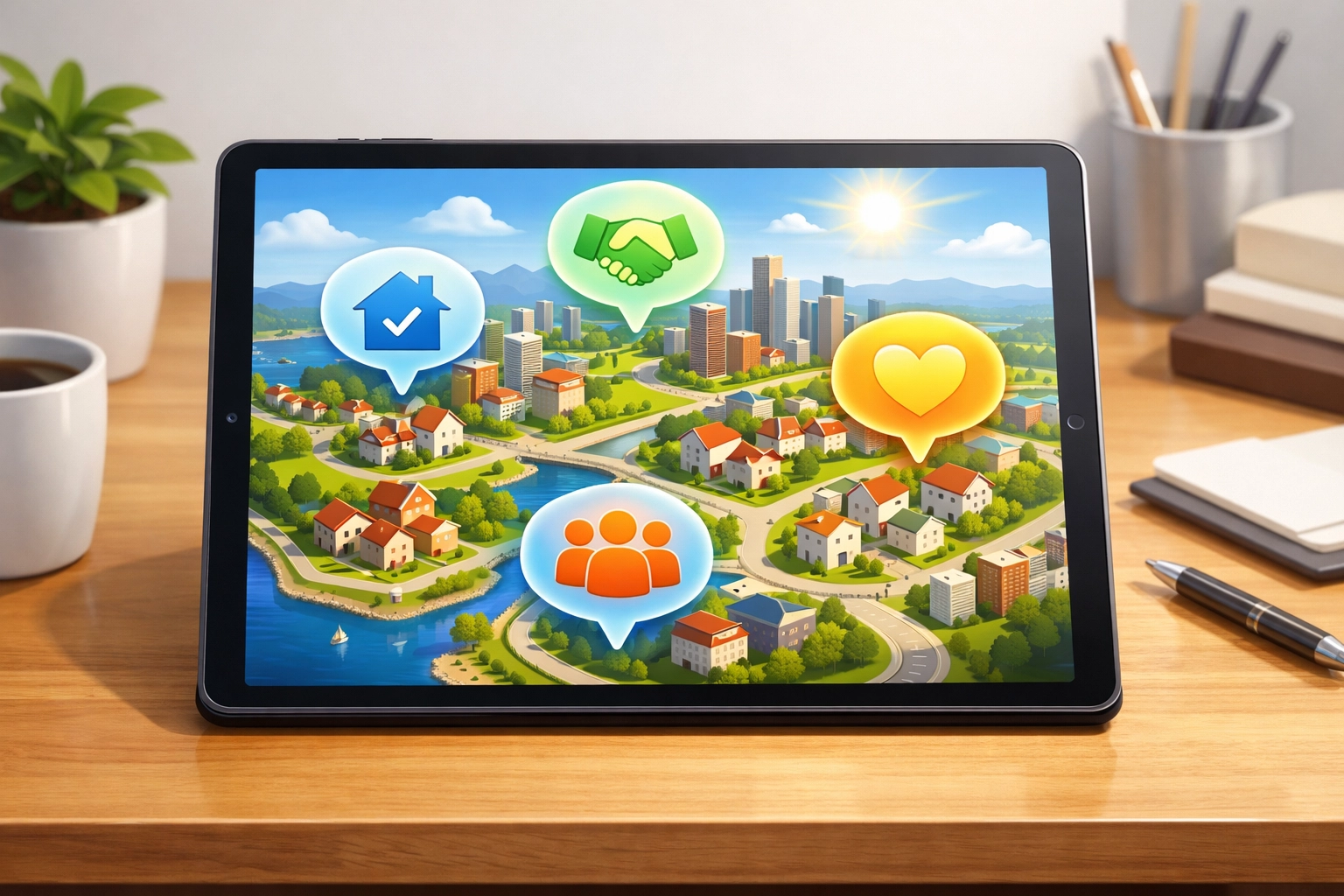 Digital map illustration of a city on a tablet, featuring glowing icons for home, community engagement, and trust, symbolizing local influencer impact and community trust in marketing.