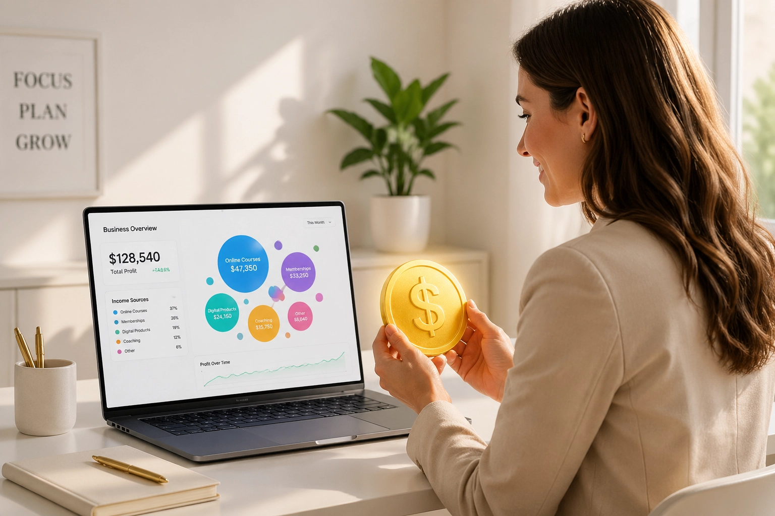 Marketing manager at a desk distinguishing between digital ad clicks and actual business profit.
