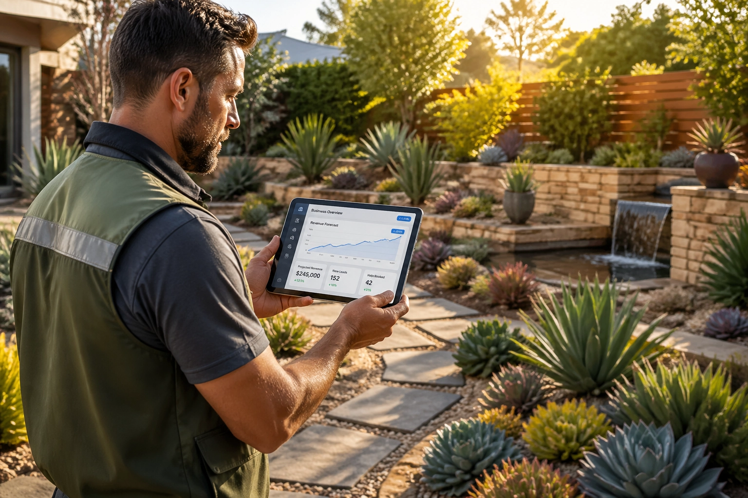 Landscaping professional using predictive analytics dashboard on a tablet to forecast local market service trends.