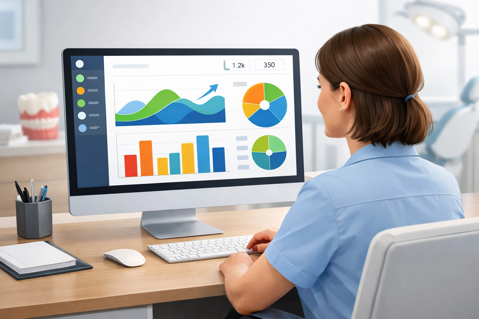 Person in blue shirt analyzing data on a computer screen displaying graphs and charts, emphasizing digital marketing insights and performance metrics for business growth.