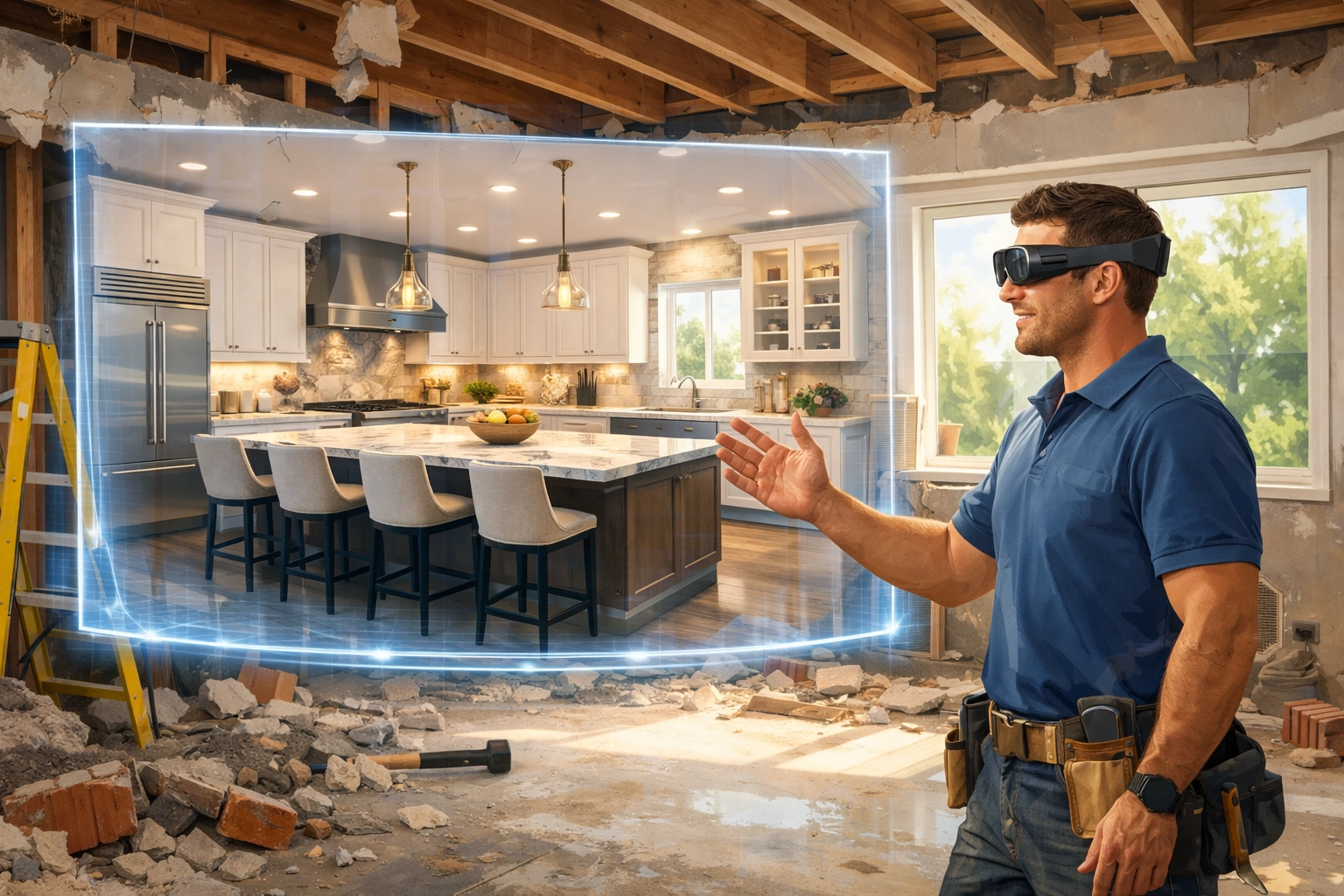 Local contractor using AR glasses to display a 3D kitchen digital twin for google maps seo.