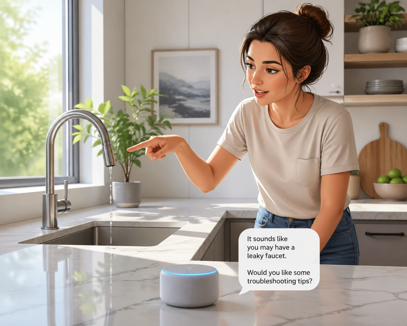 Homeowner using a voice-activated smart assistant to request local home repair services via conversational AI.
