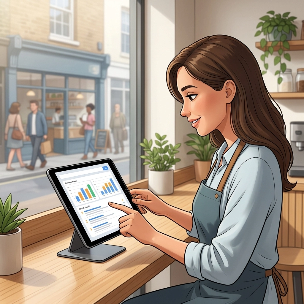wHJjjnvx9Cu Woman in apron using tablet to analyze data in a café setting, with graphs displayed on the screen, emphasizing calm UX in digital environments for improved user experience.