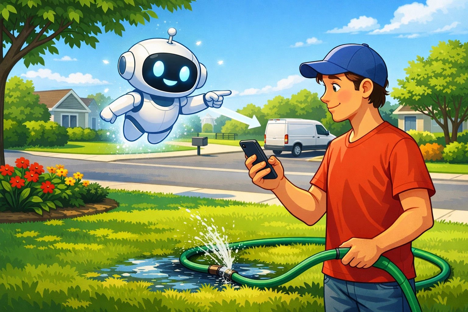 Person holding smartphone in front of house with leaky pipe, AI robot pointing towards service truck, illustrating conversational search for local plumbing services.