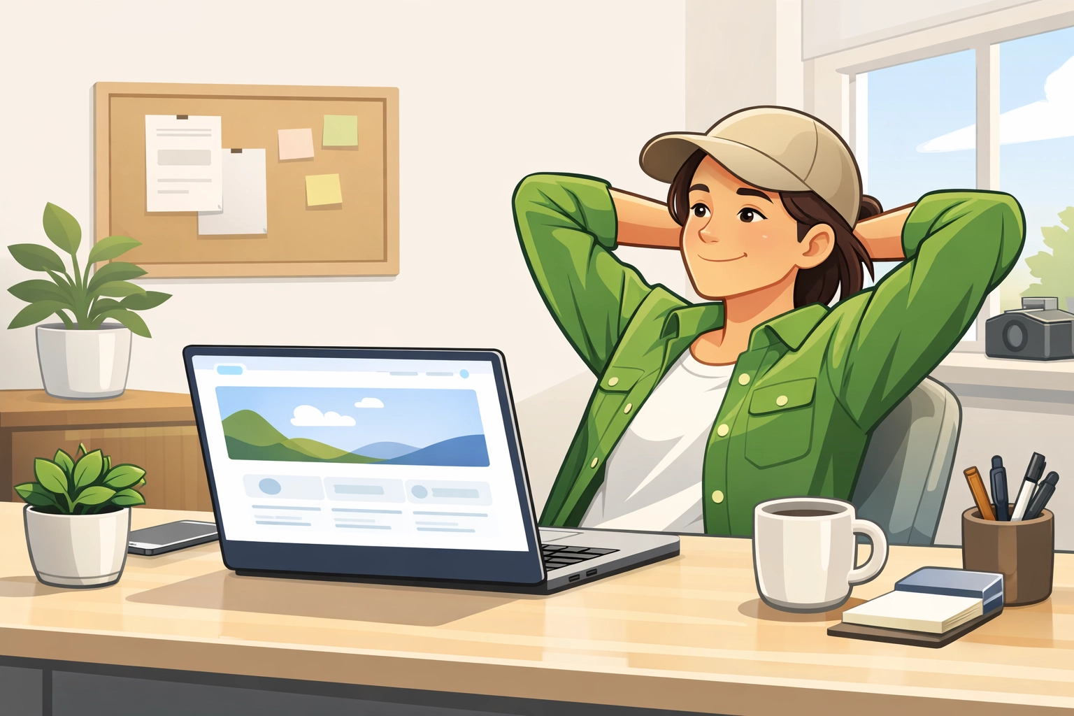 zOmSBS6eNH Person with a relaxed expression sitting at a desk with a laptop displaying a calm landscape, surrounded by a plant, coffee cup, and stationery, illustrating a serene workspace for enhancing user experience in web design.