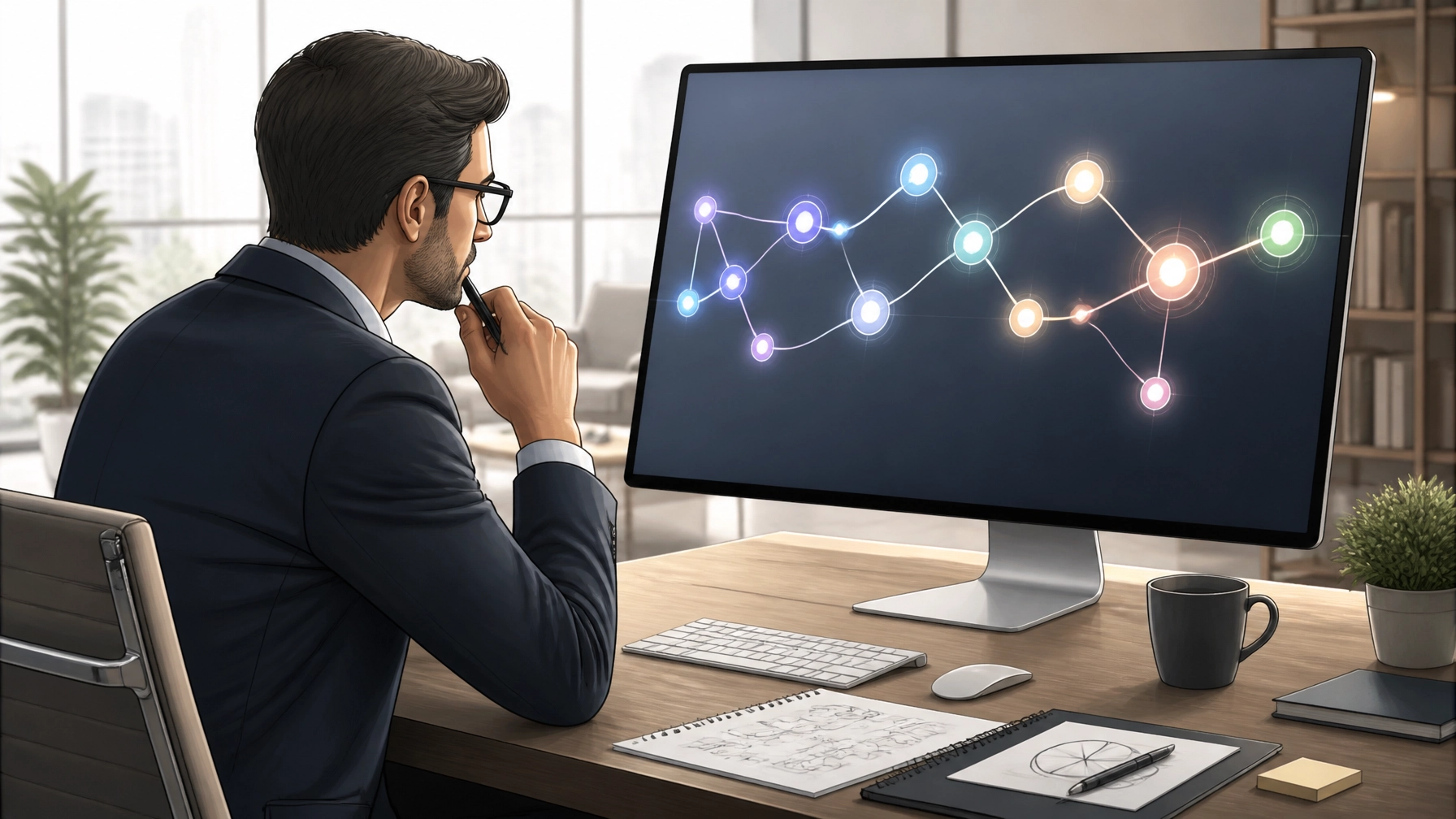 Man analyzing digital network diagram on computer screen illustrating Ambient Intelligence workflows.