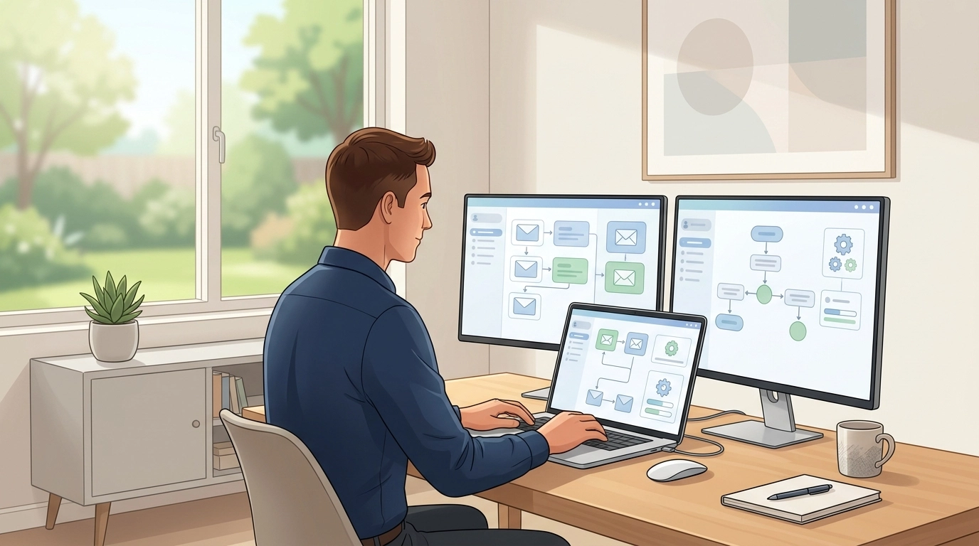 Minimalist office with a person managing automated email workflows