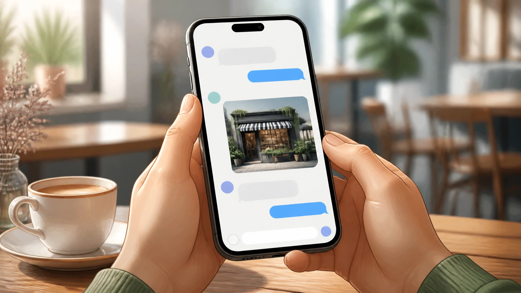 A person's hands holding a phone sharing a business link in a private message